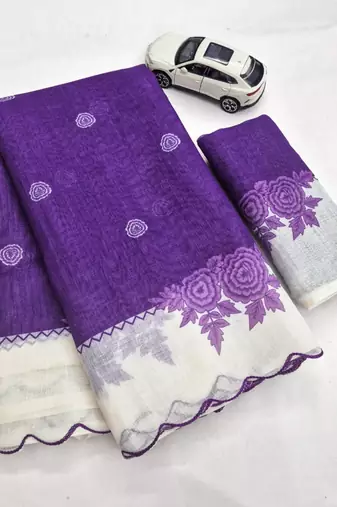 Purple linen floral print printed saree