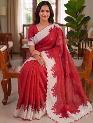Red linen floral print printed saree 1