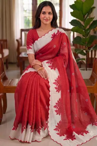 Red linen floral print printed saree