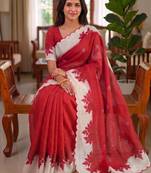 Red linen floral print printed saree