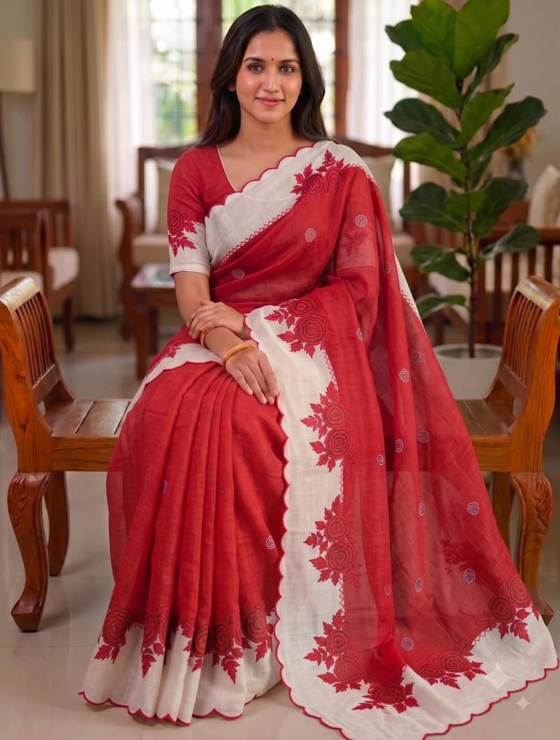 Red linen floral print printed saree