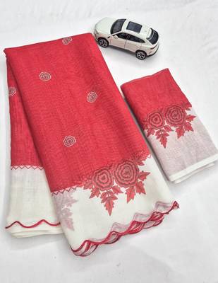 Red linen floral print printed saree 2