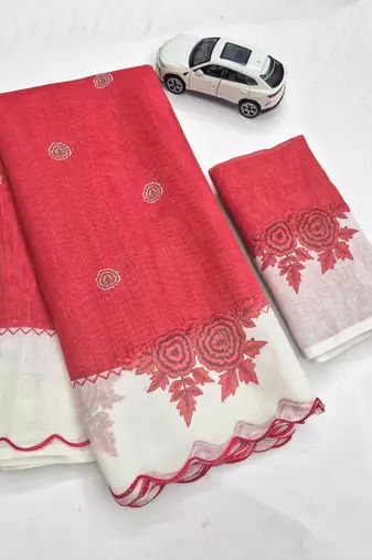 Red linen floral print printed saree