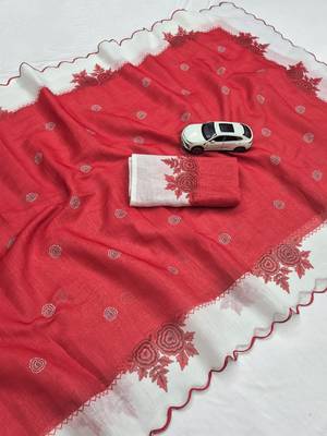 Red linen floral print printed saree 3