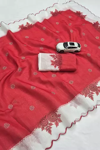 Red linen floral print printed saree