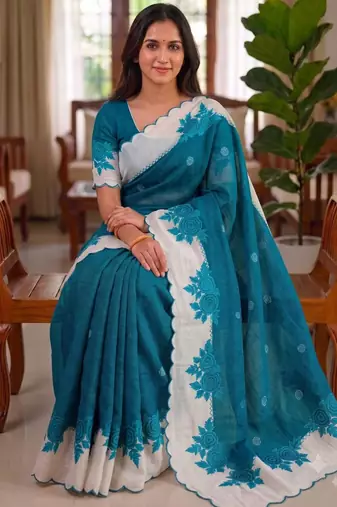Teal linen floral print printed saree