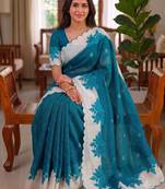 Teal linen floral print printed saree