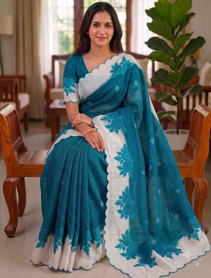 Teal linen floral print printed saree