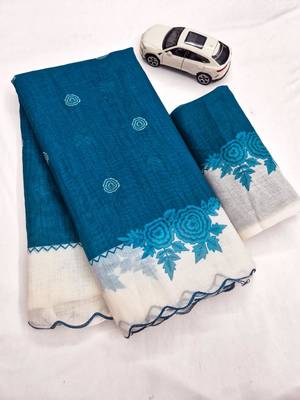 Teal linen floral print printed saree 2