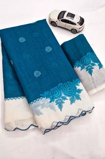 Teal linen floral print printed saree