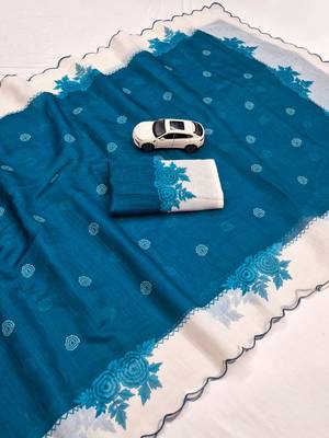 Teal linen floral print printed saree 3