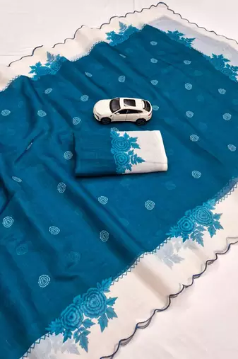 Teal linen floral print printed saree