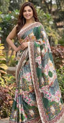 Cream silk blend cutdana work embroidered saree 1