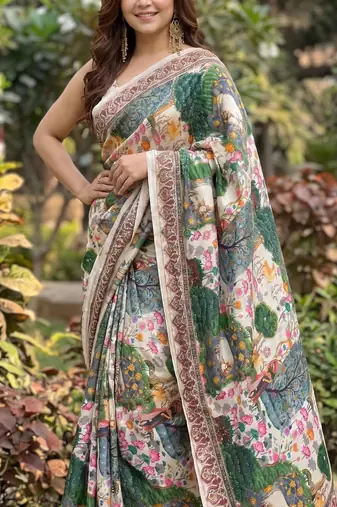 Cream silk blend cutdana work embroidered saree