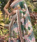 Cream silk blend cutdana work embroidered saree