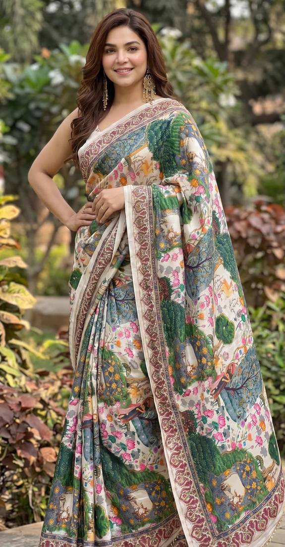 Cream silk blend cutdana work embroidered saree