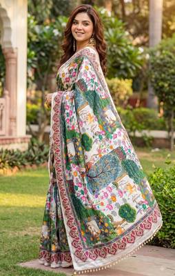 Cream silk blend cutdana work embroidered saree 3