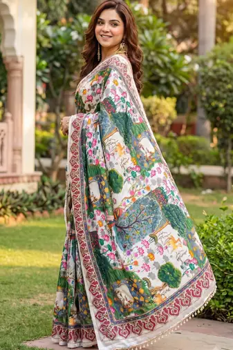 Cream silk blend cutdana work embroidered saree
