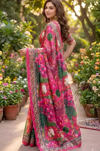 Pink silk blend cutdana work embroidered saree