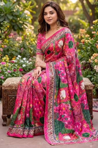 Pink silk blend cutdana work embroidered saree