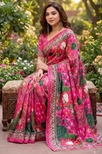 Pink silk blend cutdana work embroidered saree