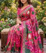 Pink silk blend cutdana work embroidered saree