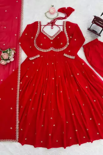Red embroidery faux tussar silk blend fully stitched anarkali suit set