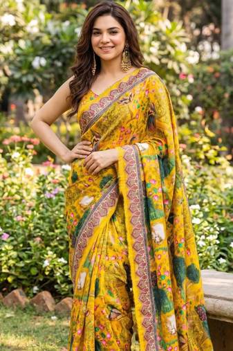 Yellow silk blend cutdana work embroidered saree