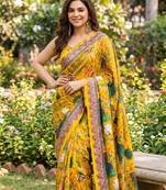 Yellow silk blend cutdana work embroidered saree