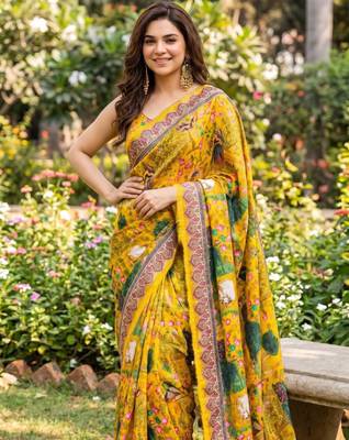 Yellow silk blend cutdana work embroidered saree 2