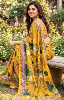 Yellow silk blend cutdana work embroidered saree 3