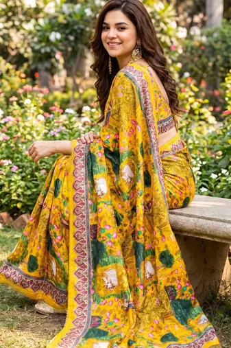Yellow silk blend cutdana work embroidered saree