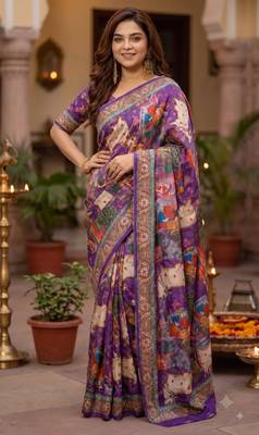 Purple silk blend cutdana work embroidered saree 1