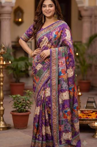 Purple silk blend cutdana work embroidered saree