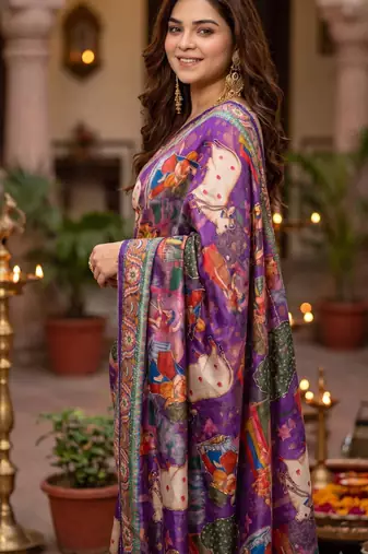 Purple silk blend cutdana work embroidered saree
