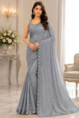 Grey georgette sequins work embroidered saree 1
