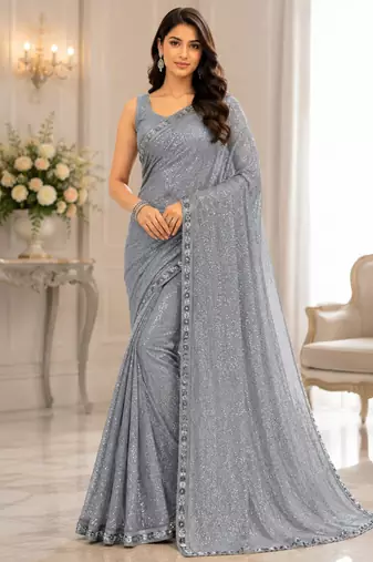 Grey georgette sequins work embroidered saree