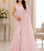 Light pink georgette sequins work embroidered saree