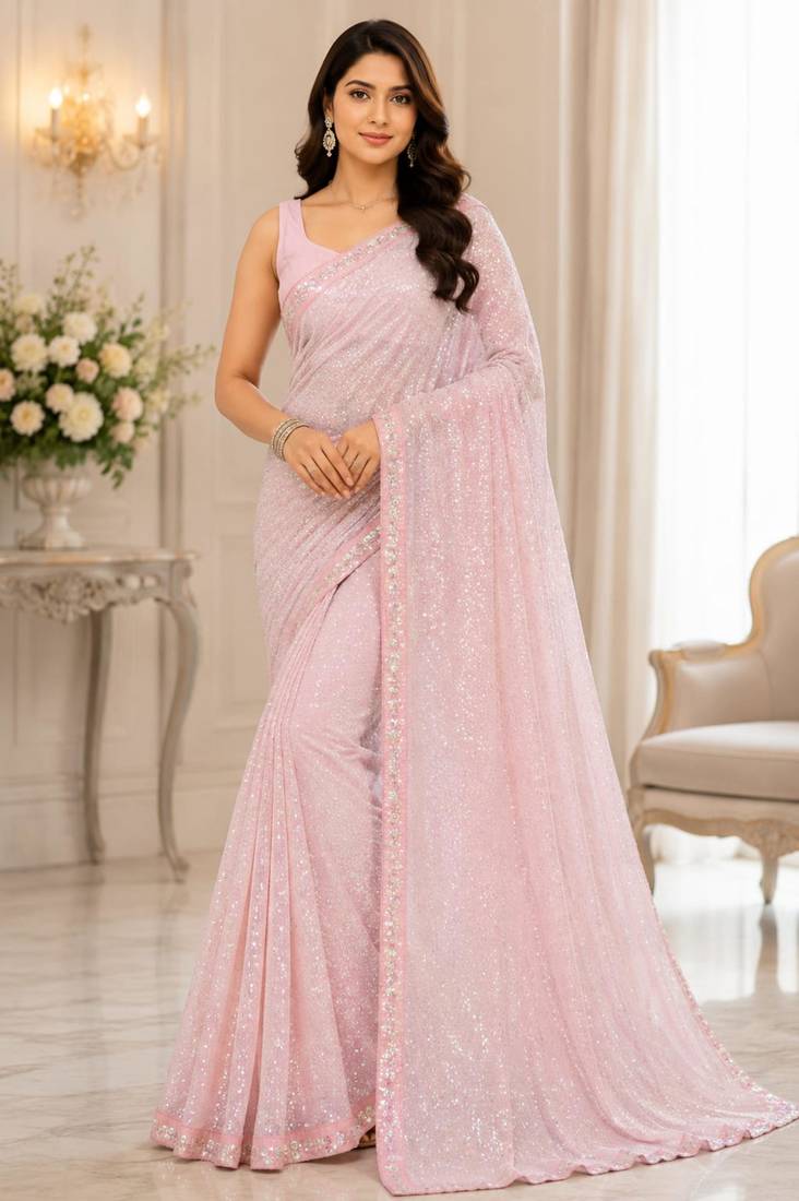 Light pink georgette sequins work embroidered saree