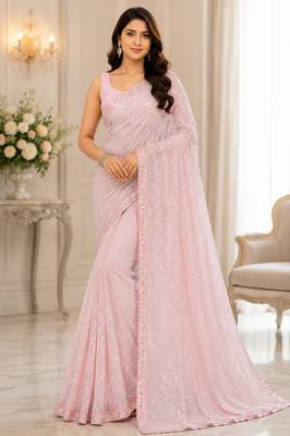 Light pink georgette sequins work embroidered saree 2