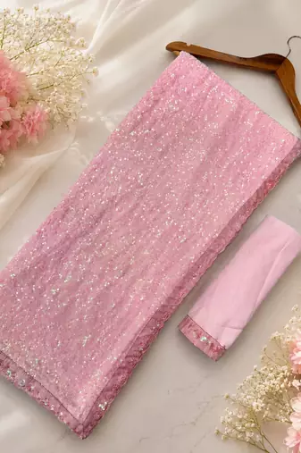 Light pink georgette sequins work embroidered saree
