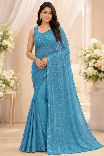 Light blue georgette sequins work embroidered saree
