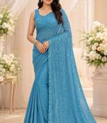 Light blue georgette sequins work embroidered saree