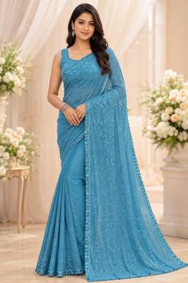 Light blue georgette sequins work embroidered saree 2
