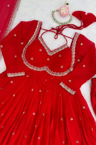 Red embroidery faux tussar silk blend fully stitched anarkali suit set