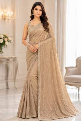 Light gold georgette sequins work embroidered saree 1