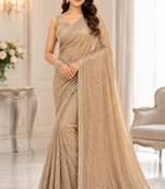 Light gold georgette sequins work embroidered saree