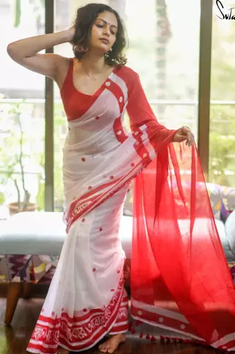 White linen floral print printed saree