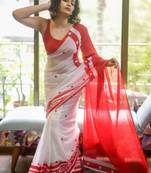 White linen floral print printed saree
