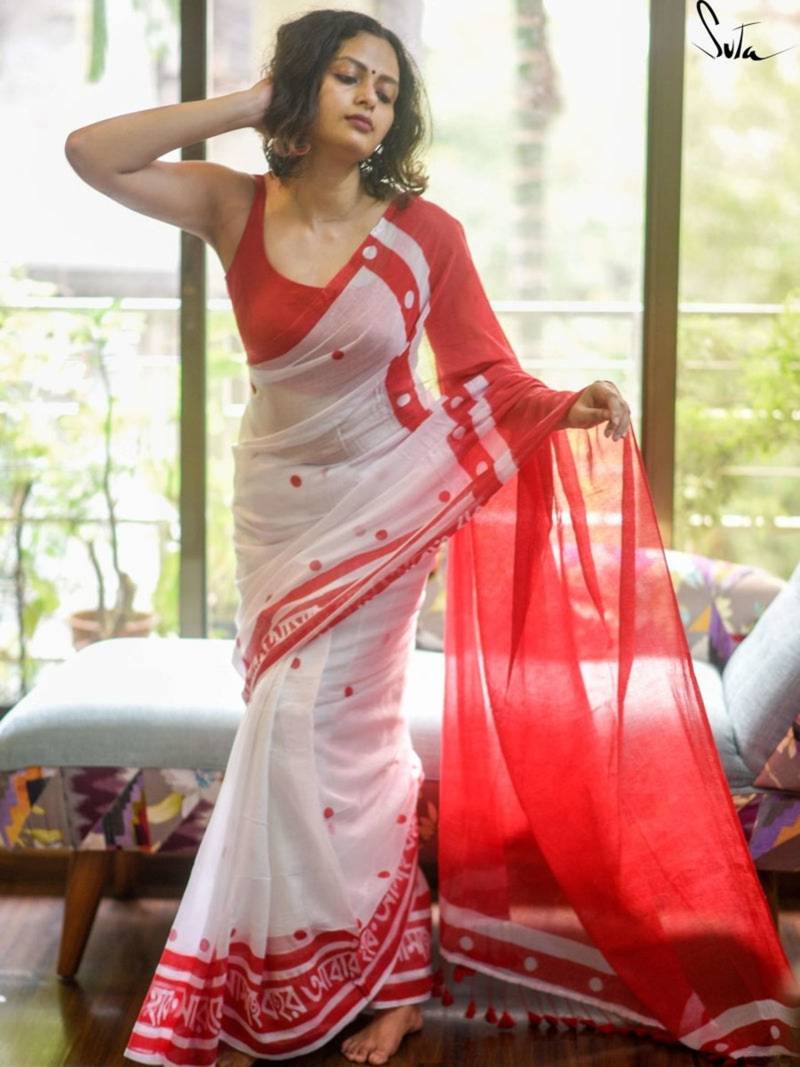 White linen floral print printed saree